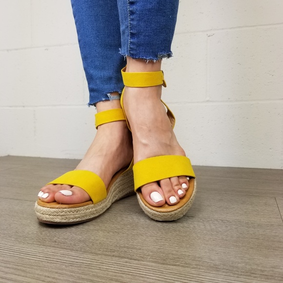 Yellow Open Toe Espadrille Wedge Sandals - Picture 5 of 8